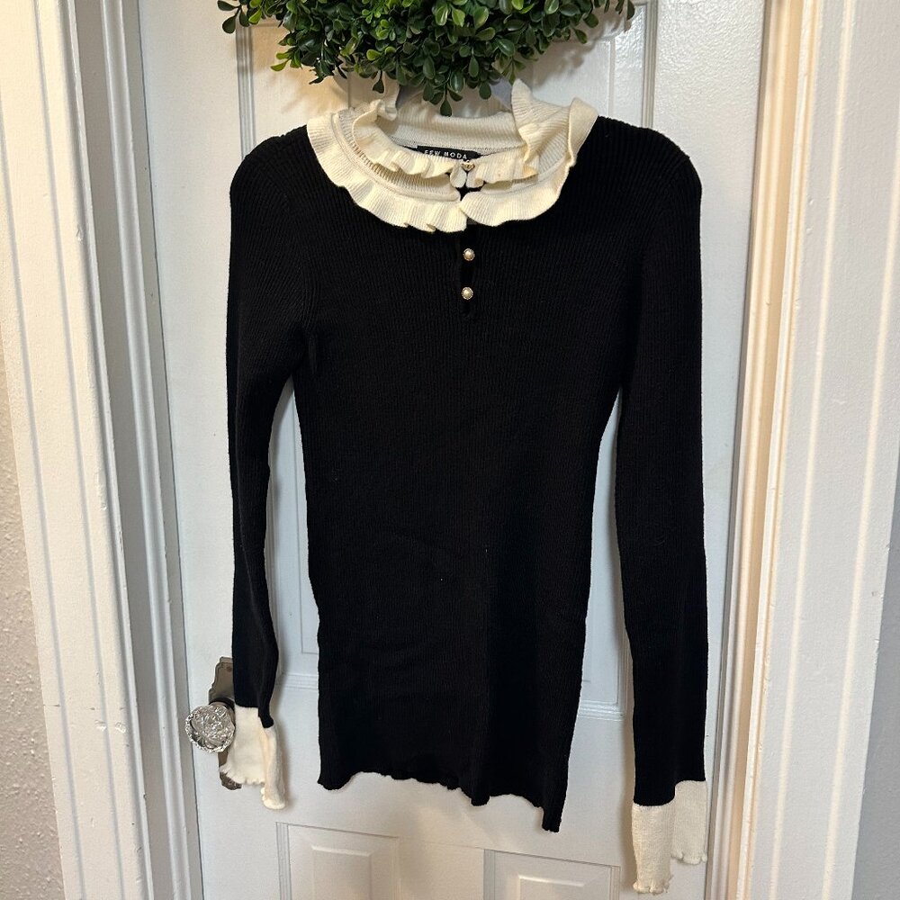 Black Sweater with Cream Ruffle Collar and Button Detail - Women